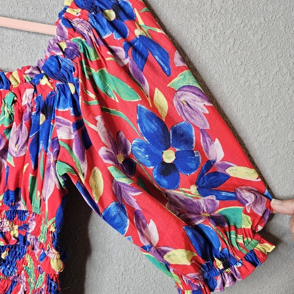 Skies Are Blue Dress Medium Red Blue Floral Shirred Mini Puff Sleeve Bodycon - Picture 4 of 8